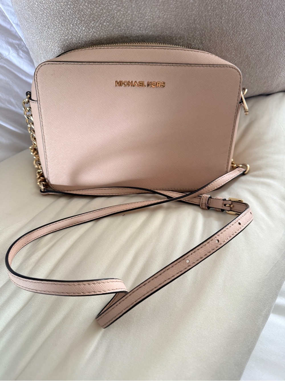 Michael Kors Pale Blush Leather Crossbody with Gold Chain